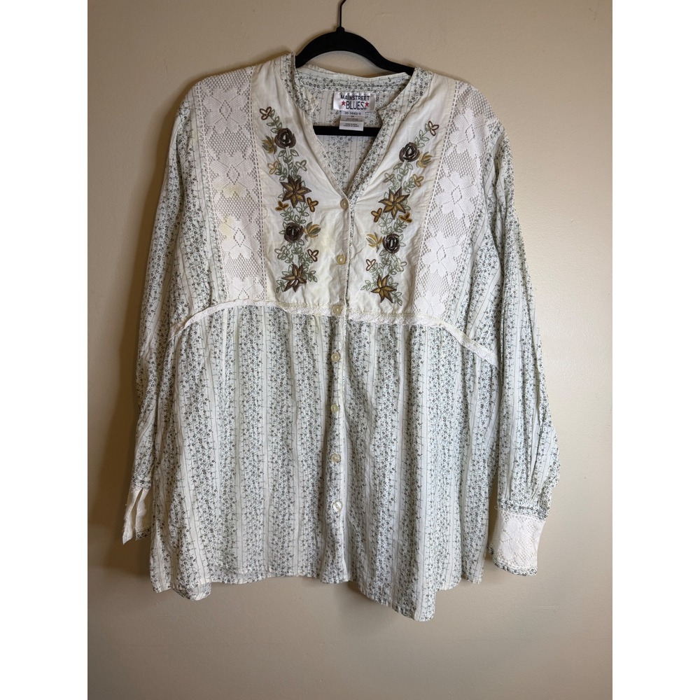 Mainstreet Blues Womens 1X Embroidered Floral Cotton Peasant Blouse Boho